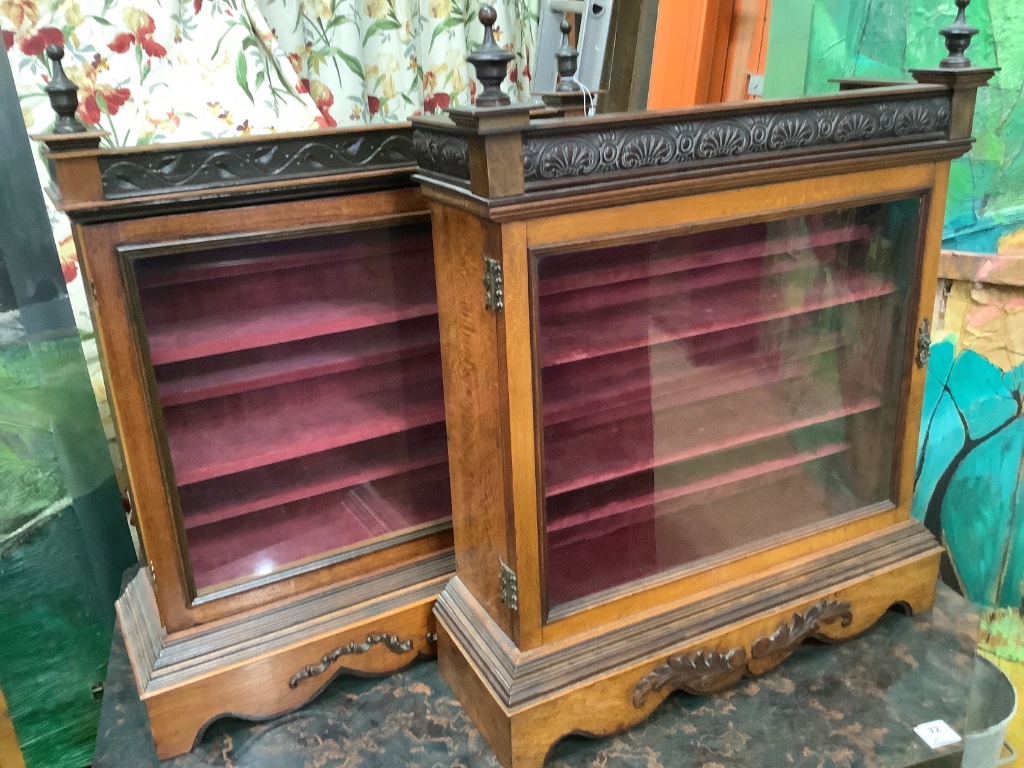 A near pair of glazed mahogany wall cabinets, larger width 66cm depth 21cm height 82cm